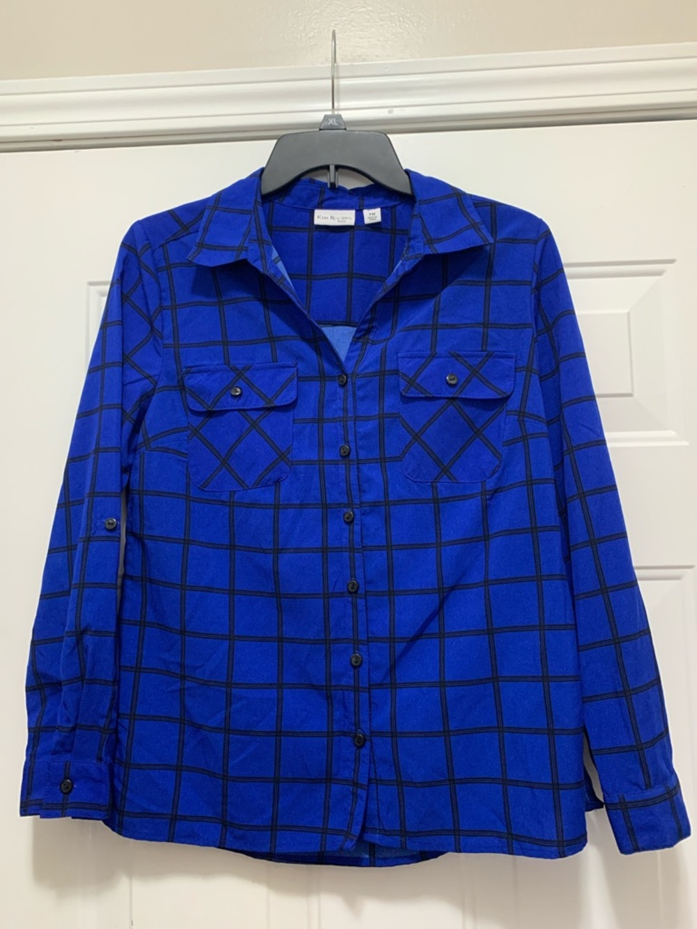 3/$15 Kim Rogers Royal Blue and Black Plaid Blouse Size Medium Petite